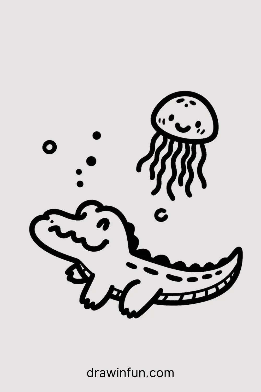 Alligator with a jellyfish easy drawing