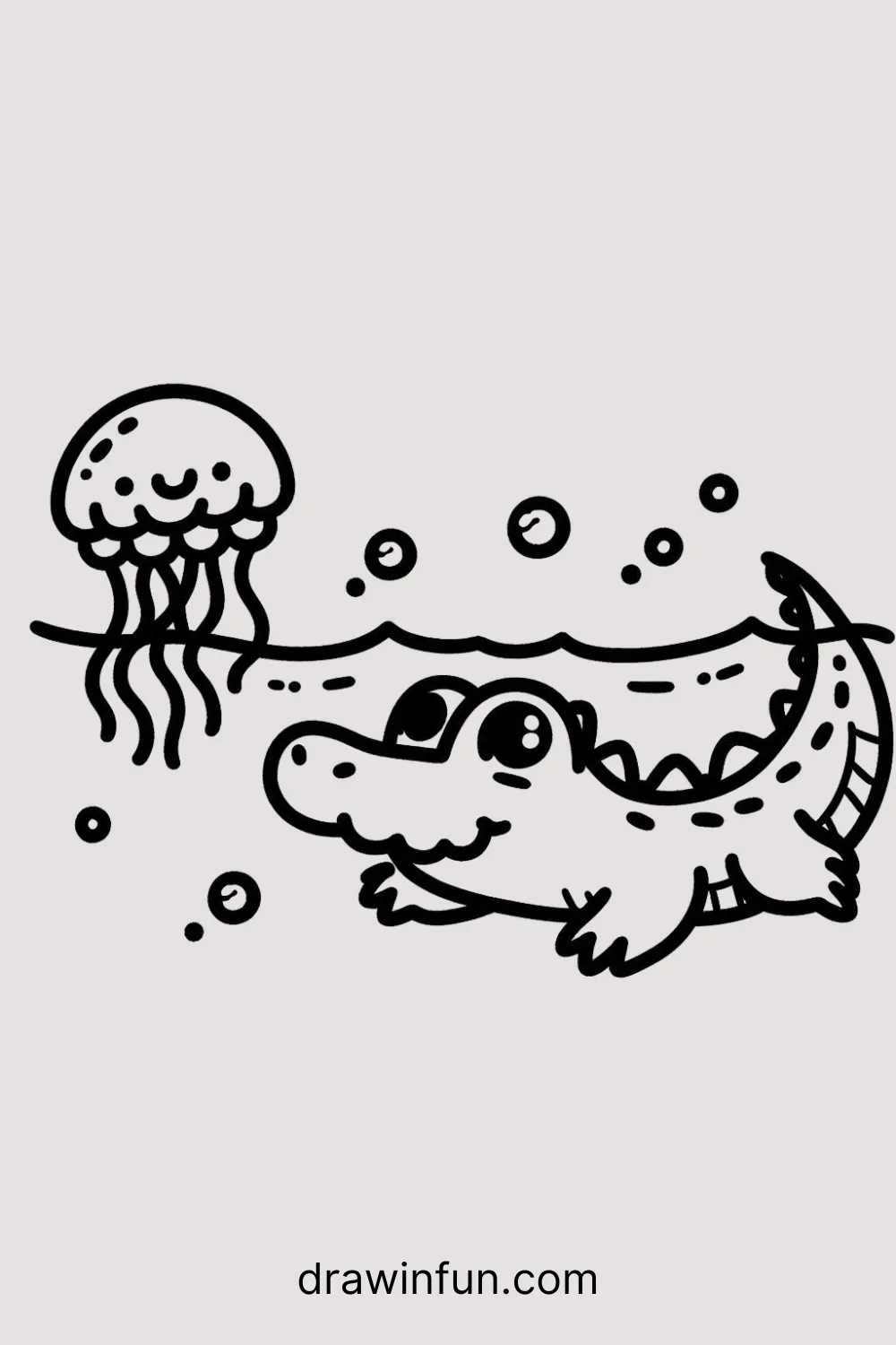 Alligator with a jellyfish easy drawing