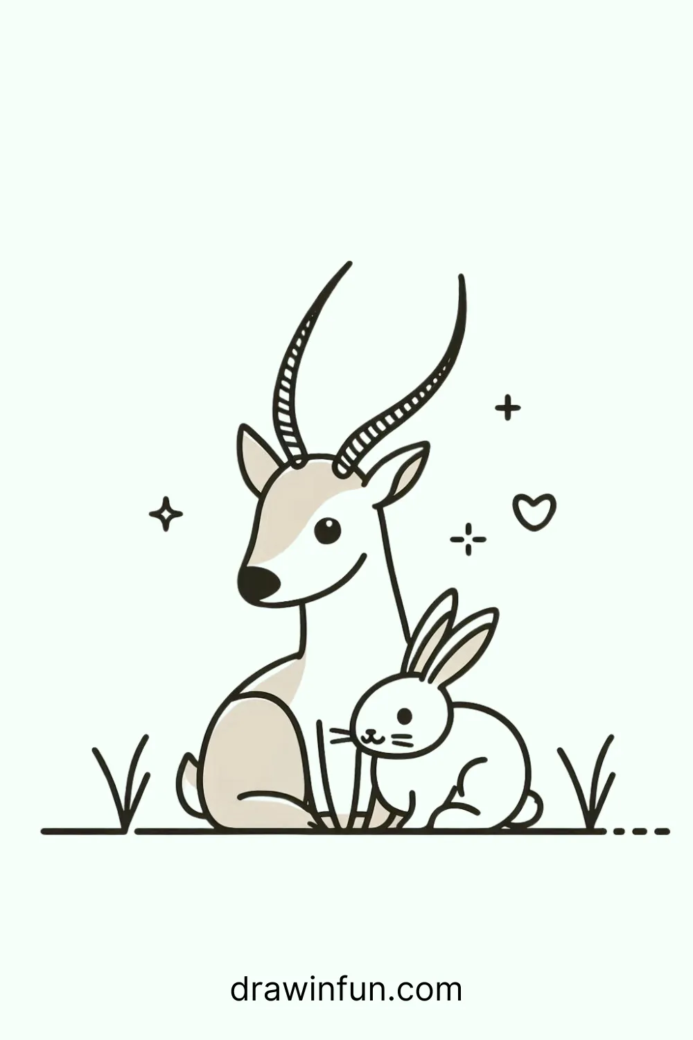 An antelope sitting with a small rabbit easy drawing