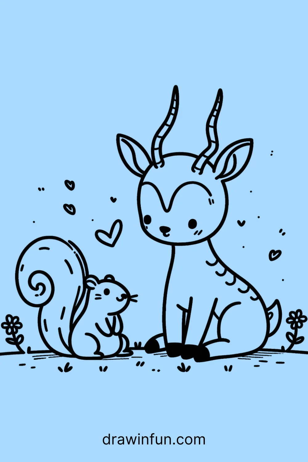 An antelope sitting with a small rabbit easy drawing