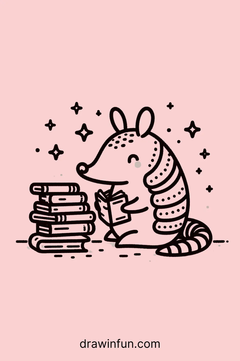 Armadillo with a Stack of Books easy drawing