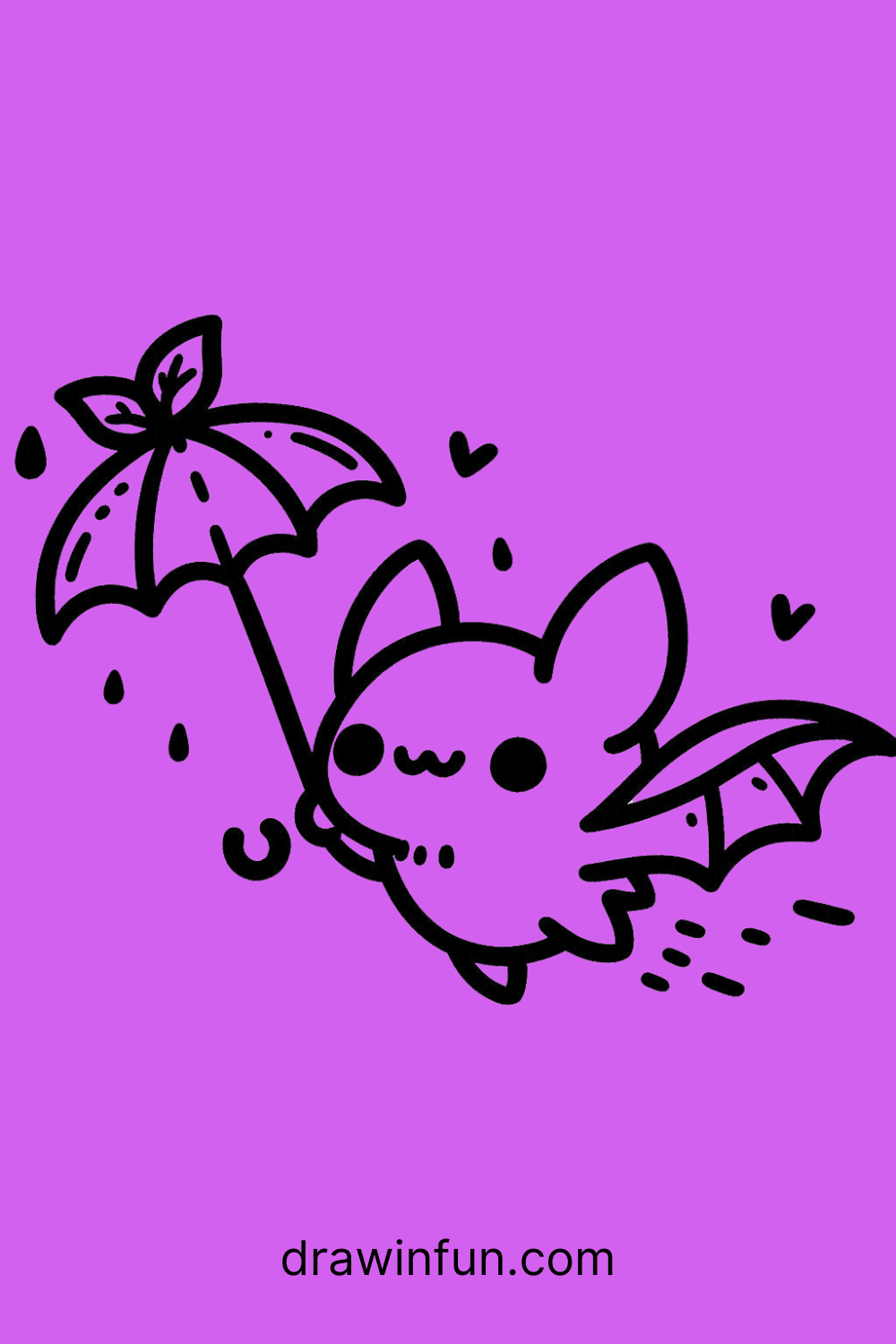 A bat flying with a tiny leaf umbrella easy drawing