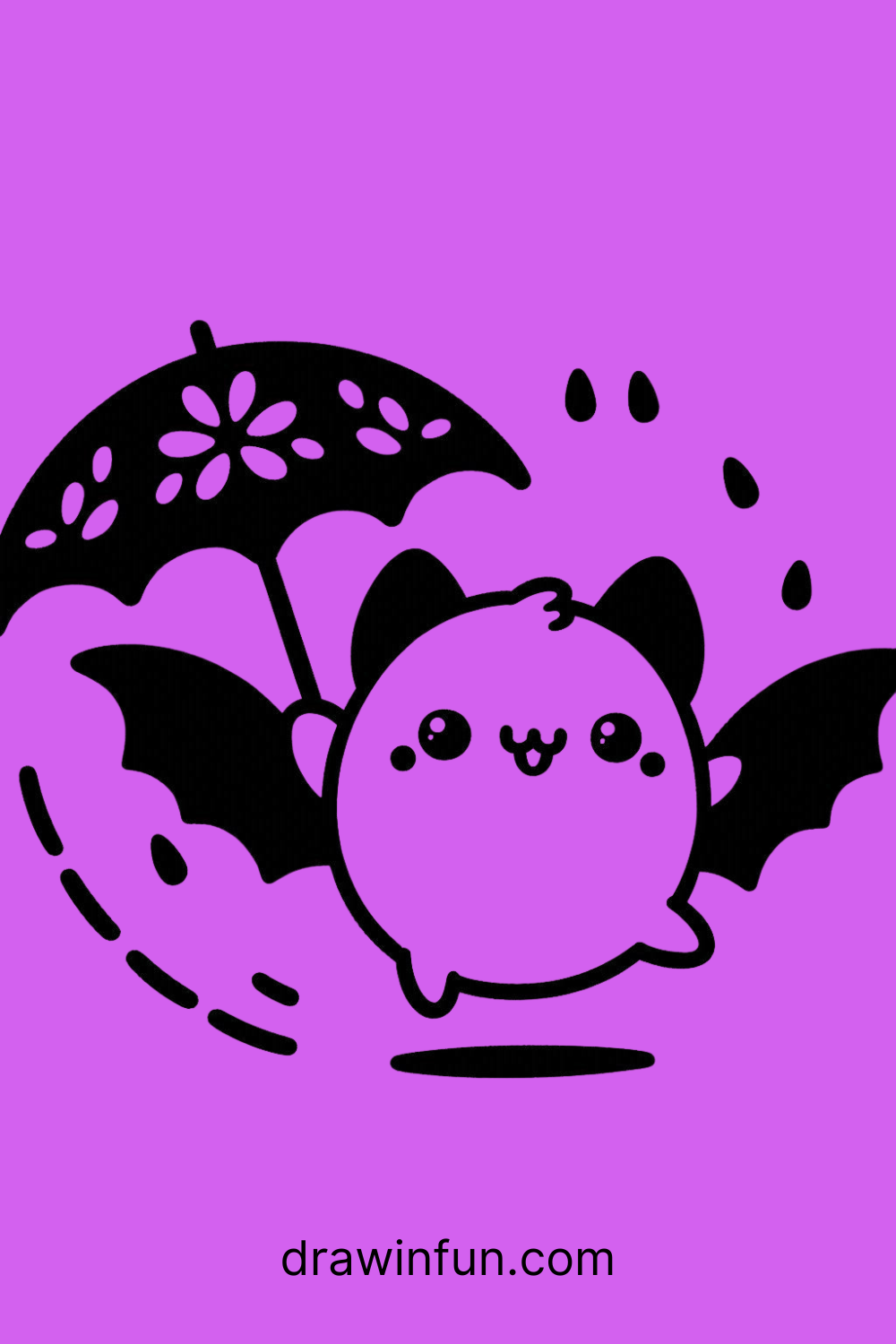 A bat flying with a tiny leaf umbrella easy drawing