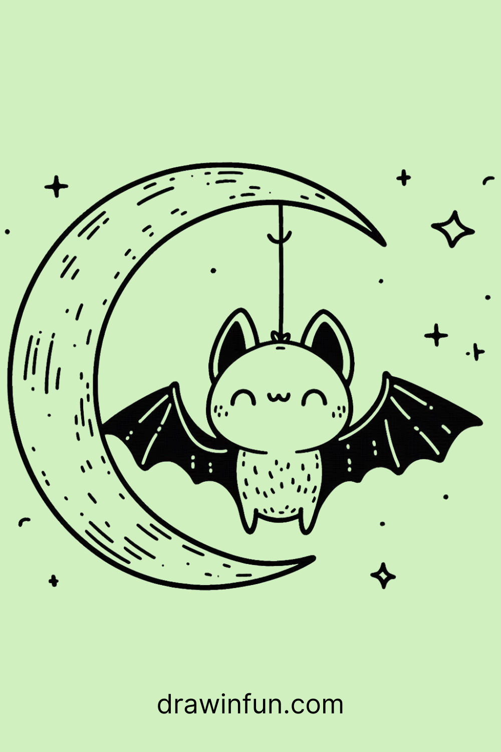 A bat hanging from a crescent moon  
easy drawing