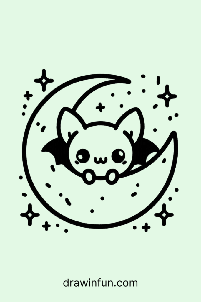 A bat peeking out from behind a moon easy drawing