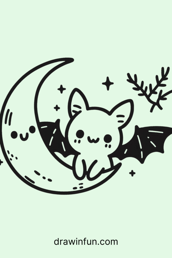 A bat peeking out from behind a moon easy drawing