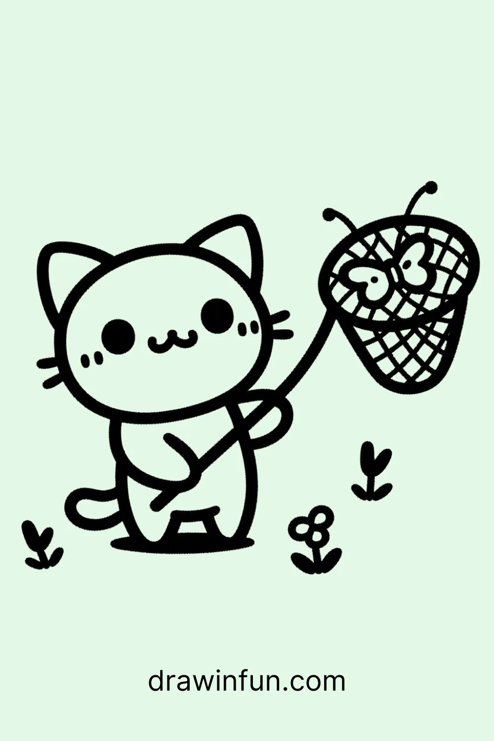 Cat with a Butterfly Net easy drawing