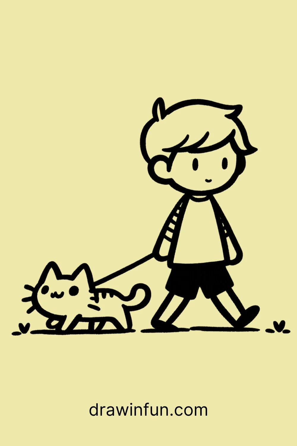 Cat with Owner Walking easy drawing