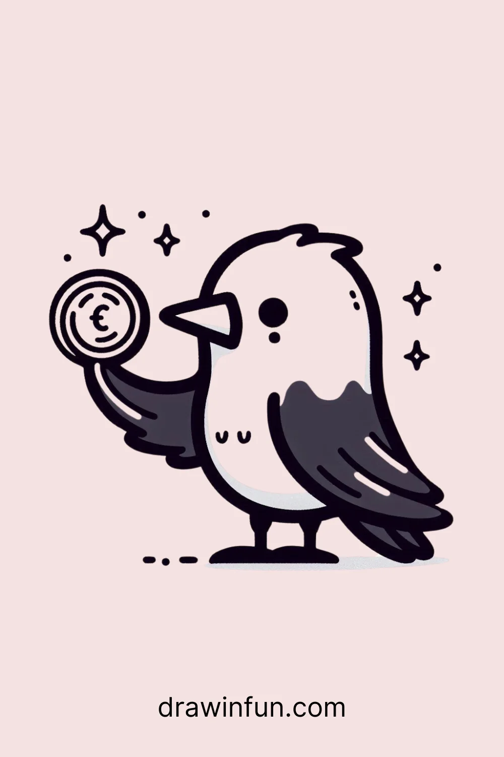 A crow holding a shiny coin easy drawing