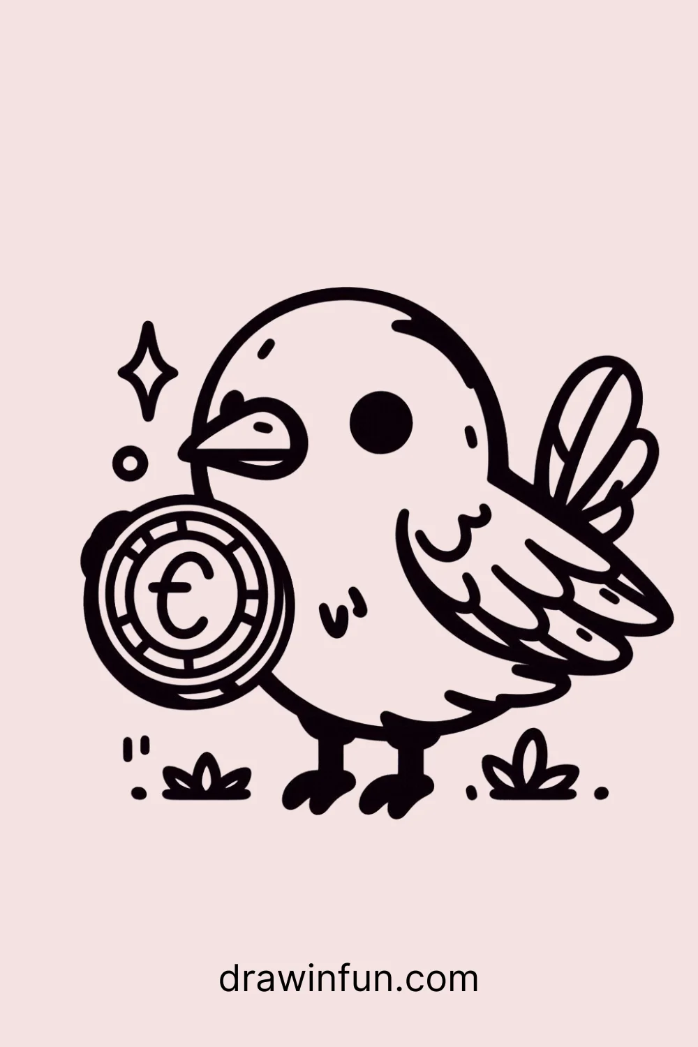 A crow holding a shiny coin easy drawing