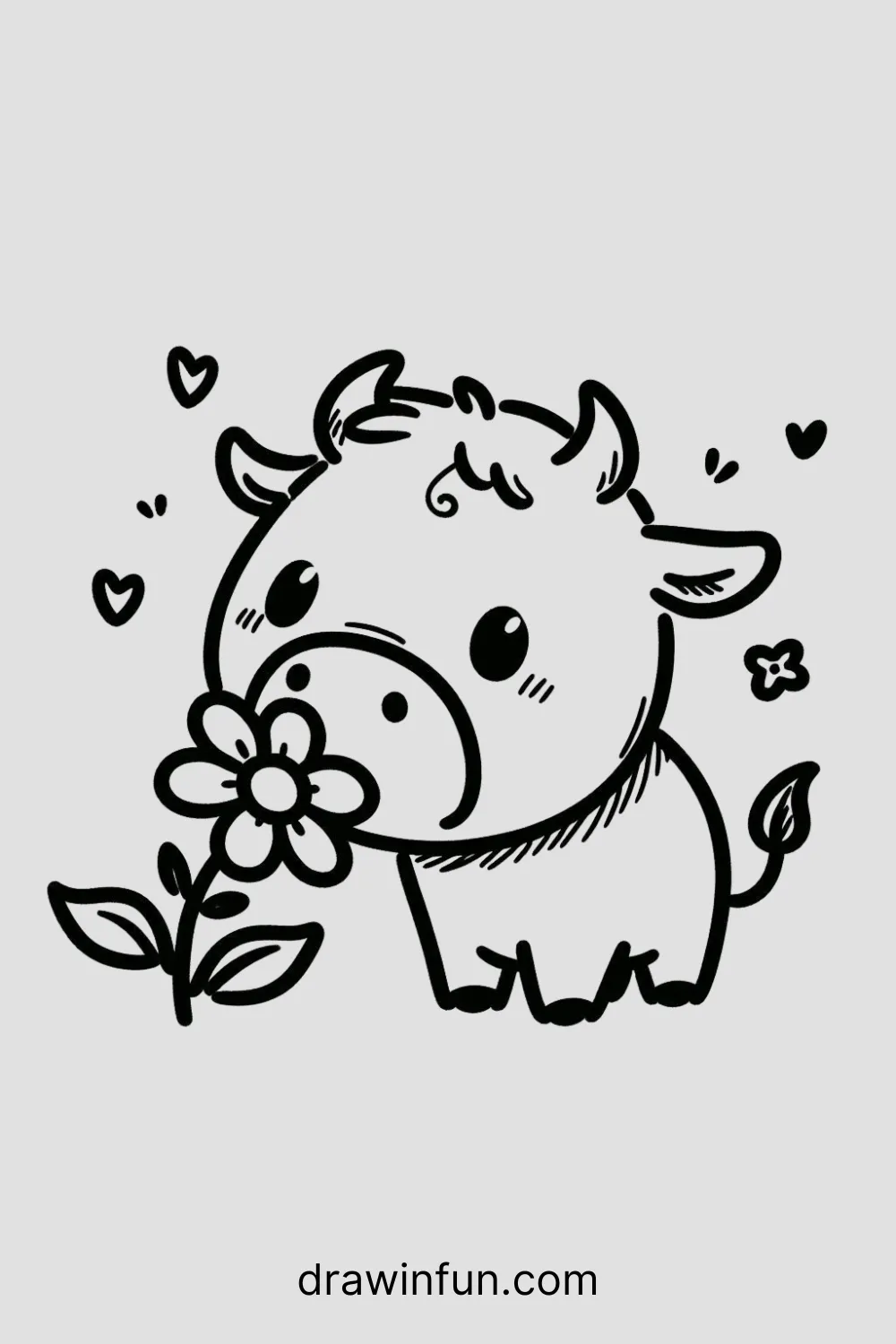 A bull with a sniffing a flower easy drawing