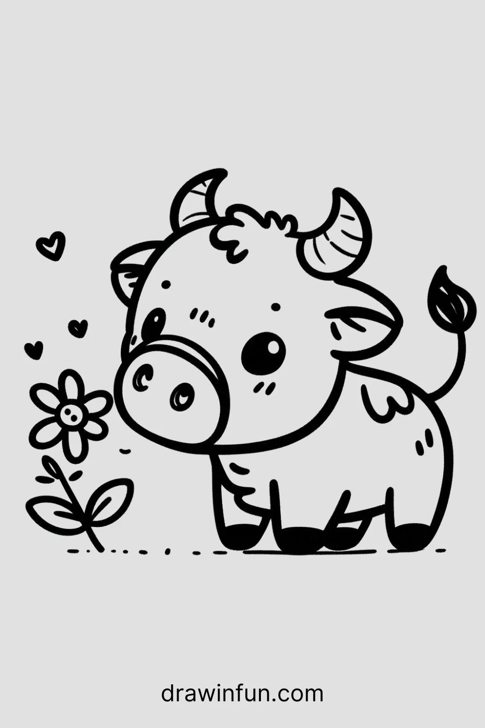 A bull with a sniffing a flower easy drawing