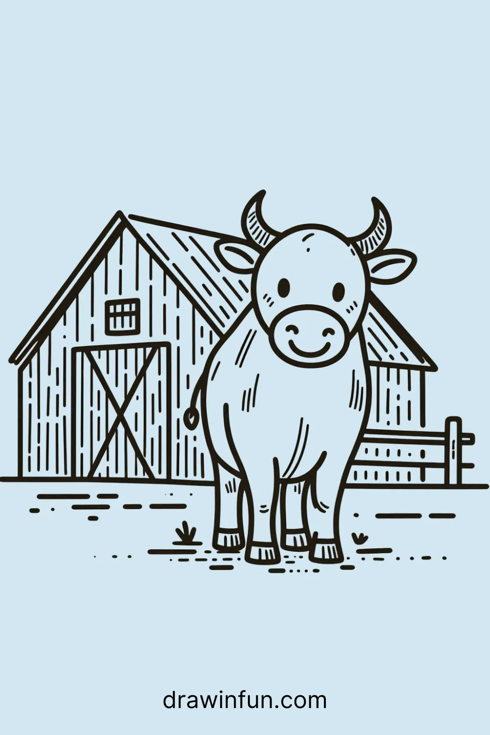 A bull standing by a simple barn easy drawing