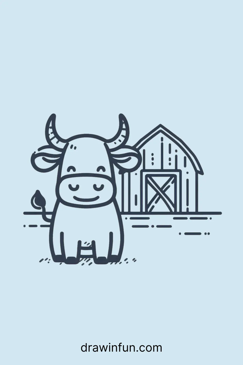 A bull standing by a simple barn easy drawing