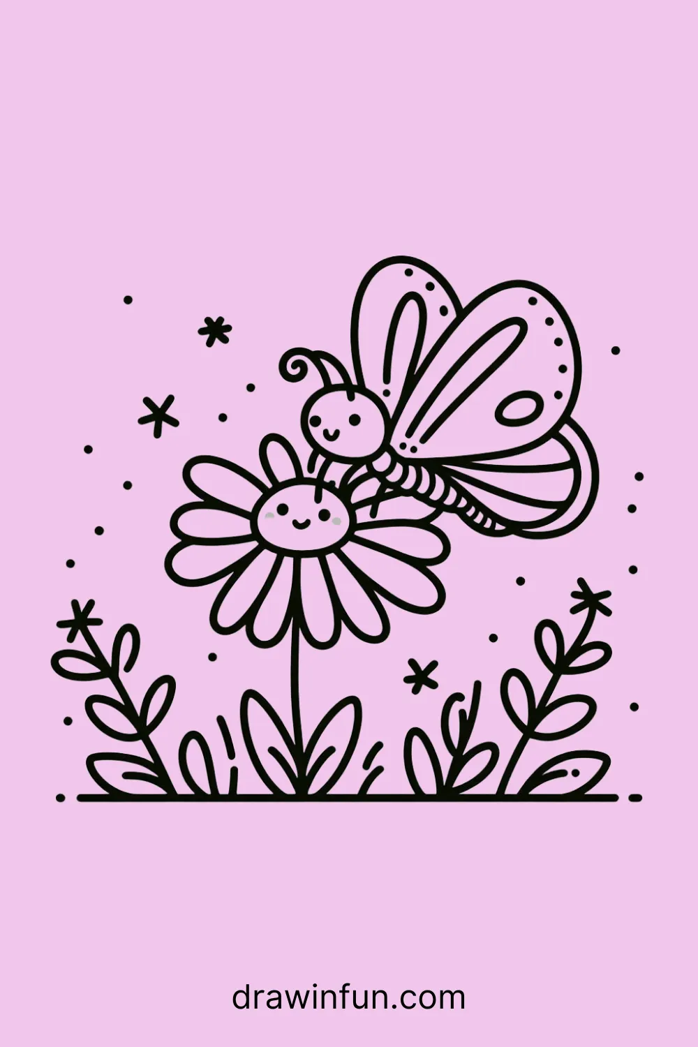 A butterfly drinking nectar from a flower easy drawing