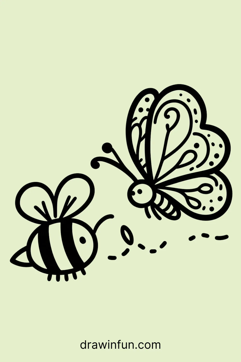 A butterfly flying alongside a bee easy drawing