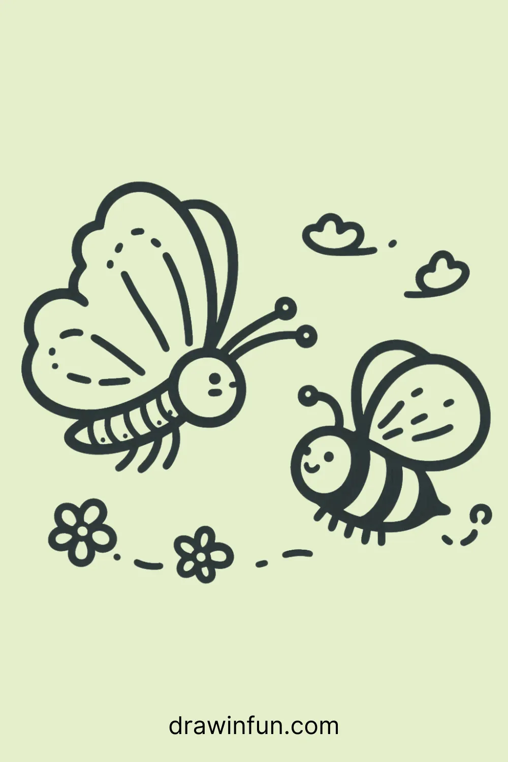 A butterfly flying alongside a bee easy drawing