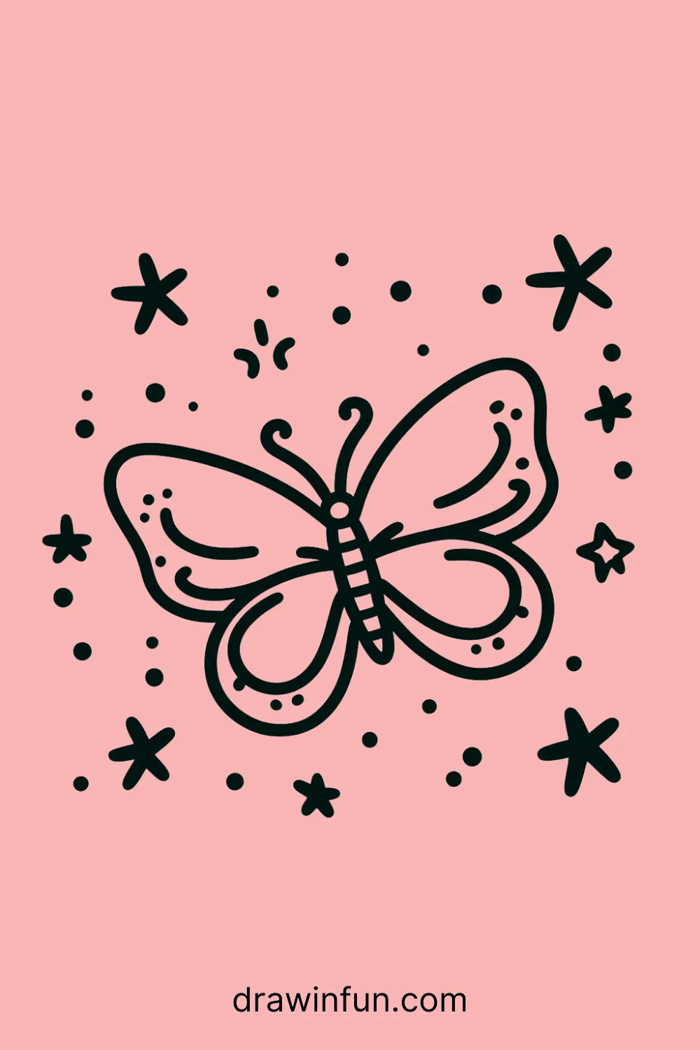 A butterfly flying with tiny stars around it easy drawing