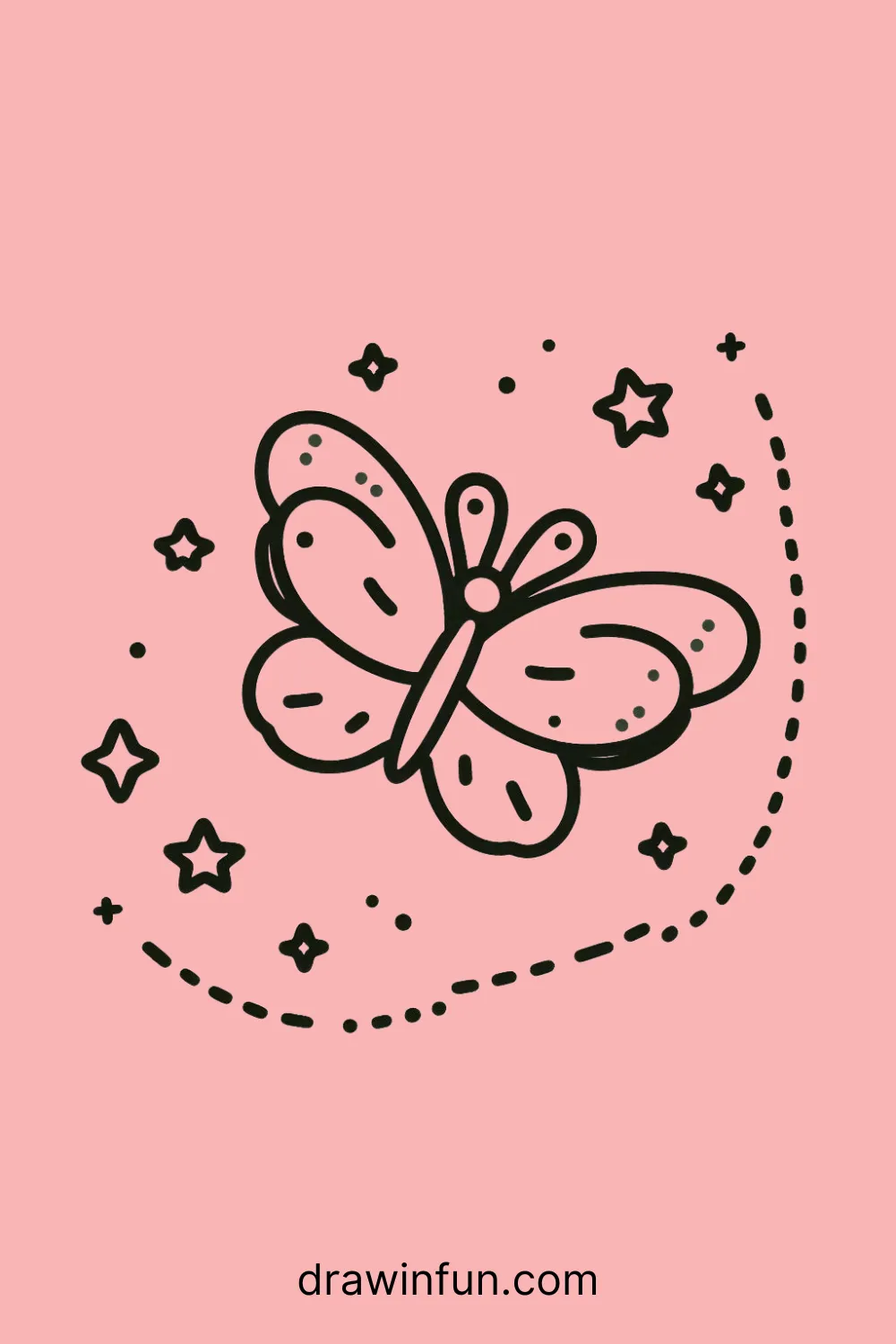 A butterfly flying with tiny stars around it easy drawing