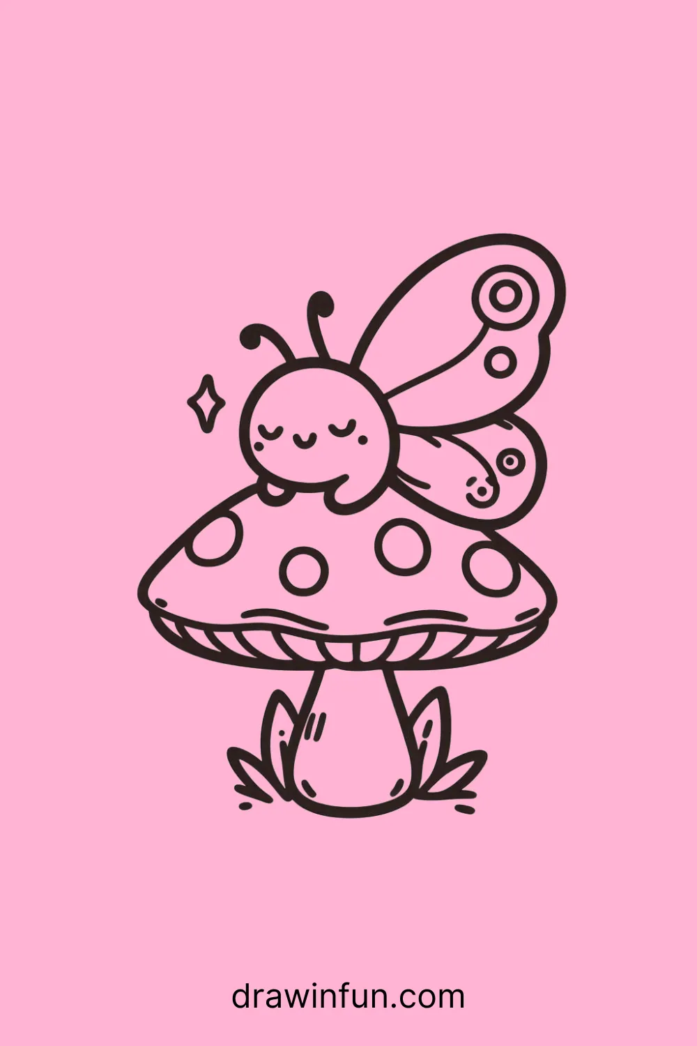 A butterfly resting on a mushroom easy drawing