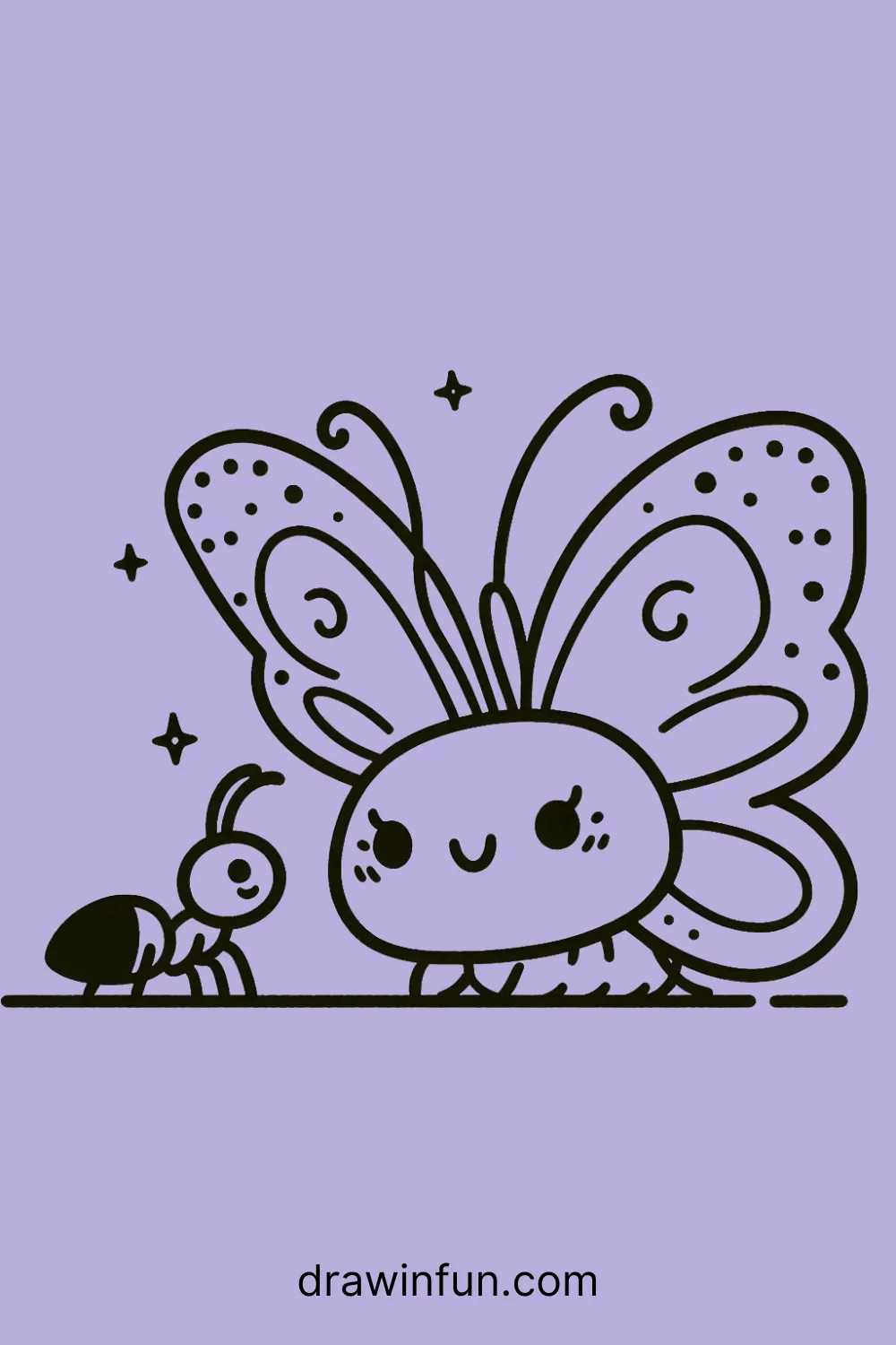 A butterfly with a interacting with an ant easy drawing