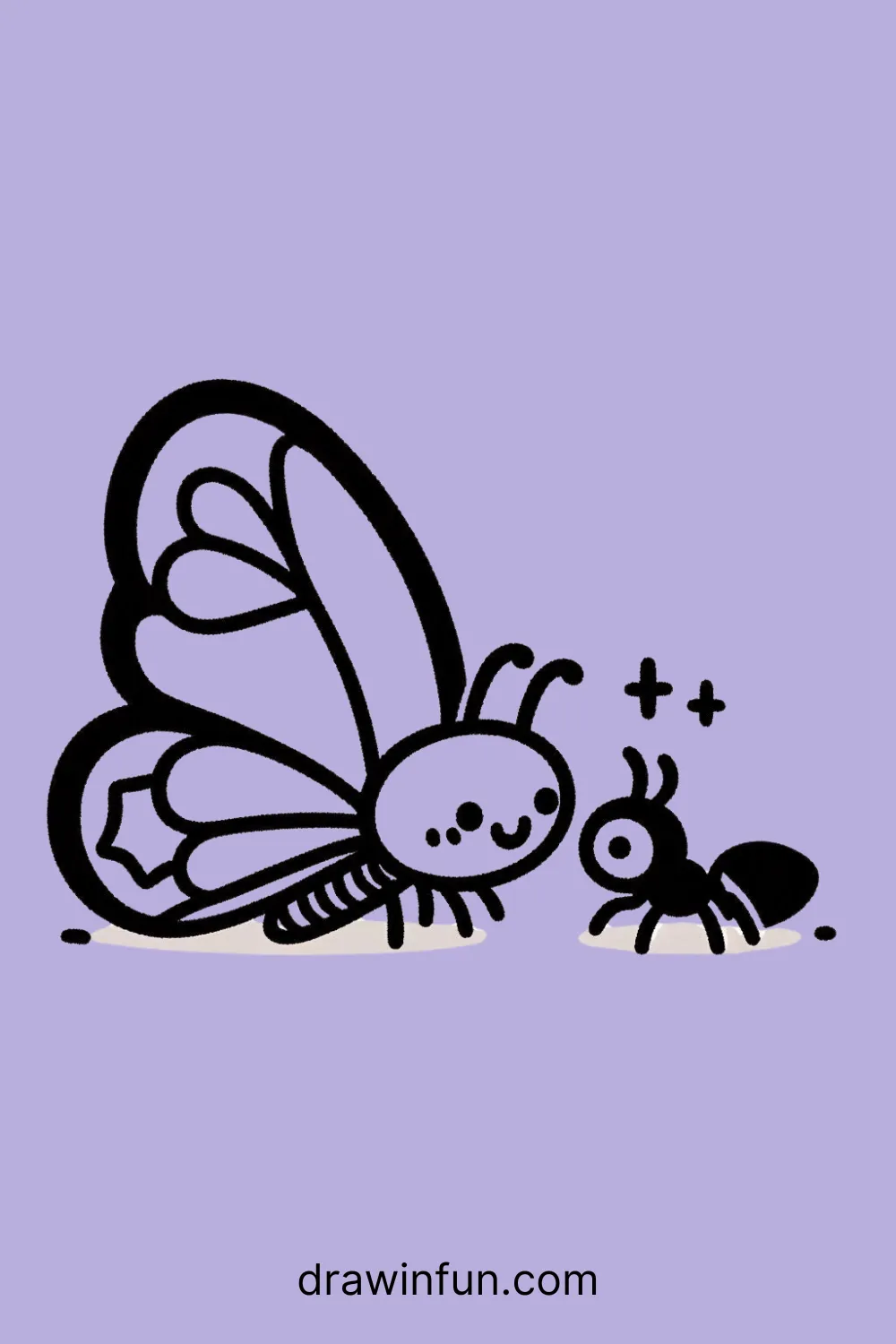 A butterfly with a interacting with an ant easy drawing