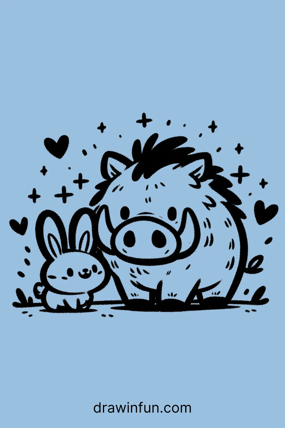 Boar standing with a small rabbit friend easy drawing