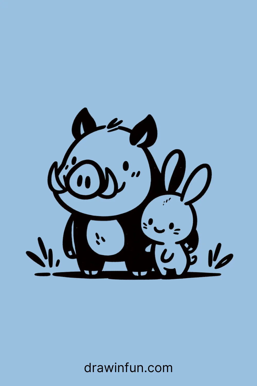 Boar standing with a small rabbit friend easy drawing