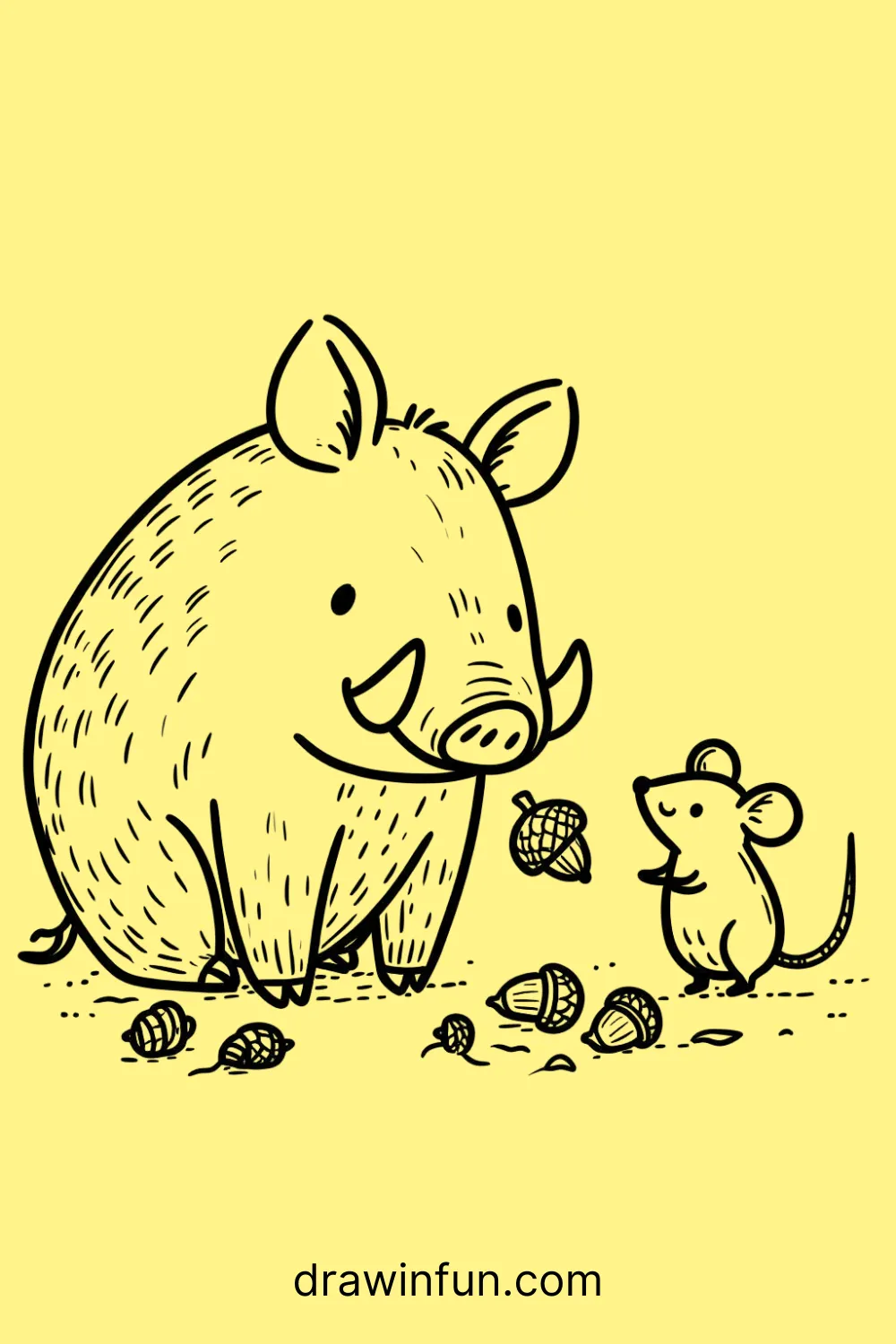 Boar teaching a tiny mouse easy drawing