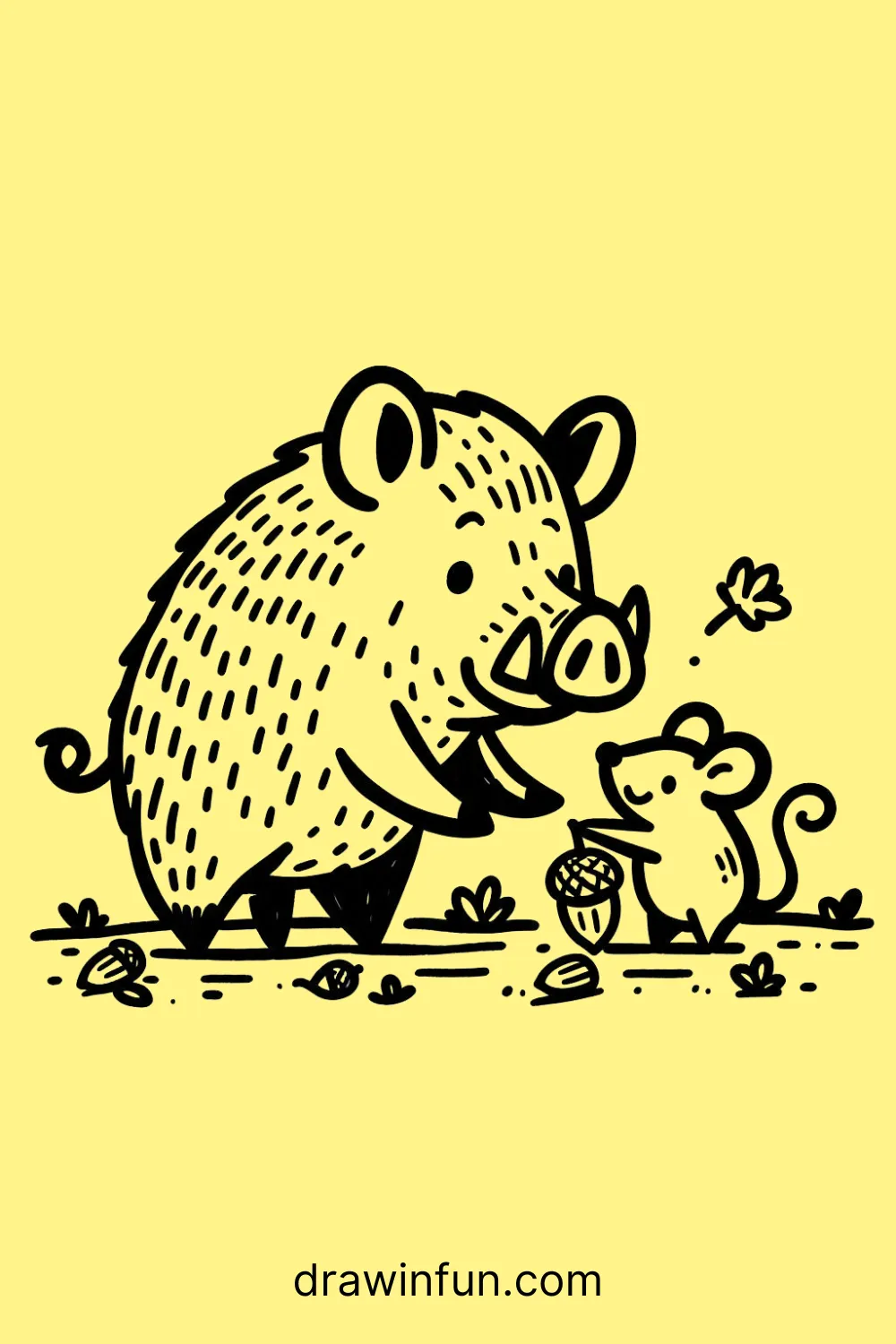 Boar teaching a tiny mouse easy drawing