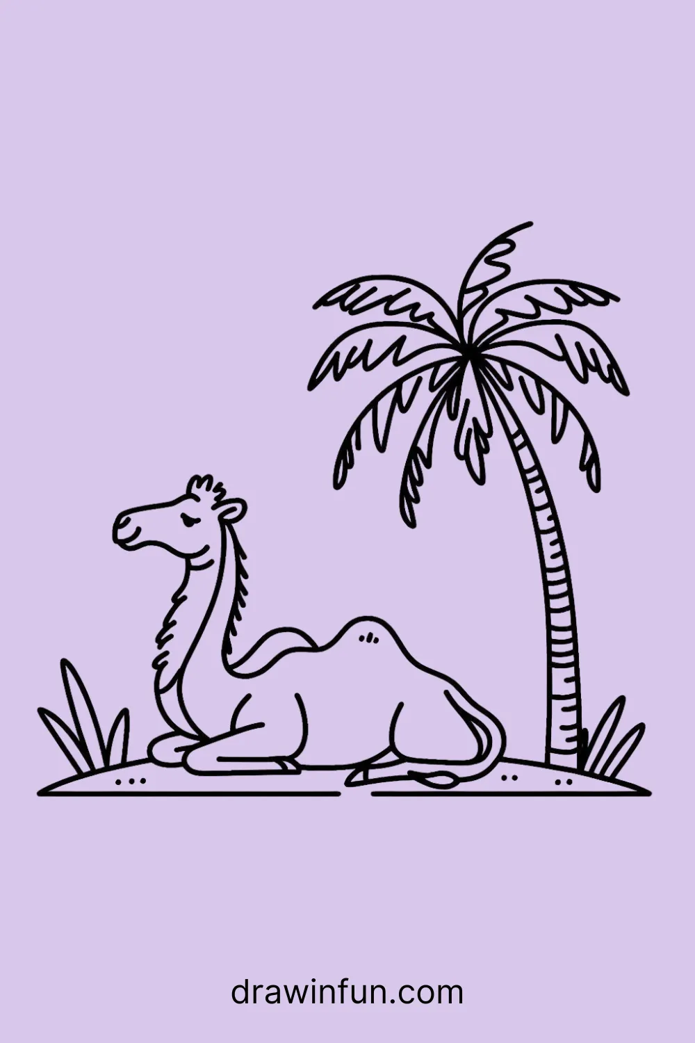 Camel lounging under a palm tree with a relaxed expression easy drawing