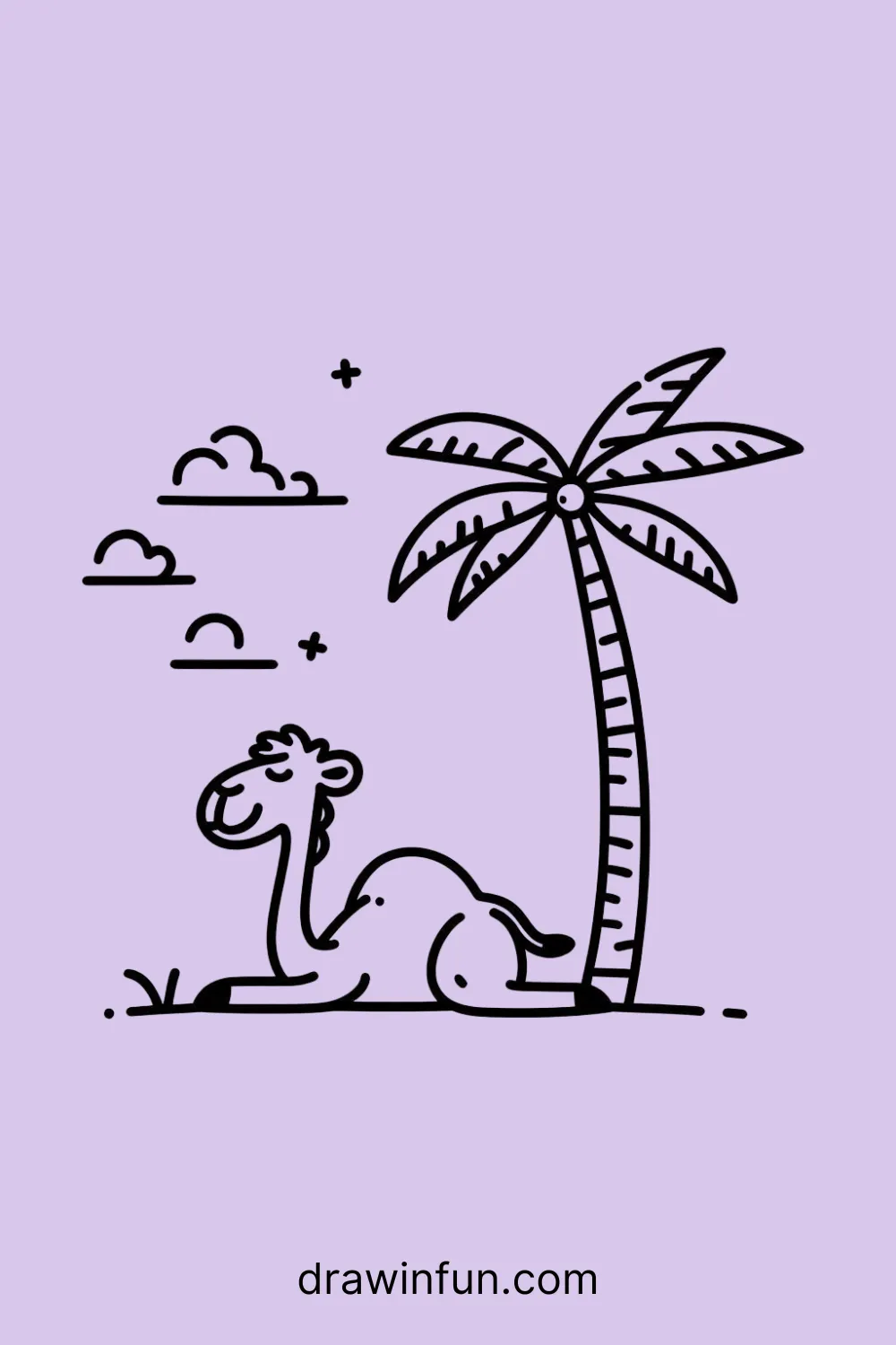 Camel lounging under a palm tree with a relaxed expression easy drawing