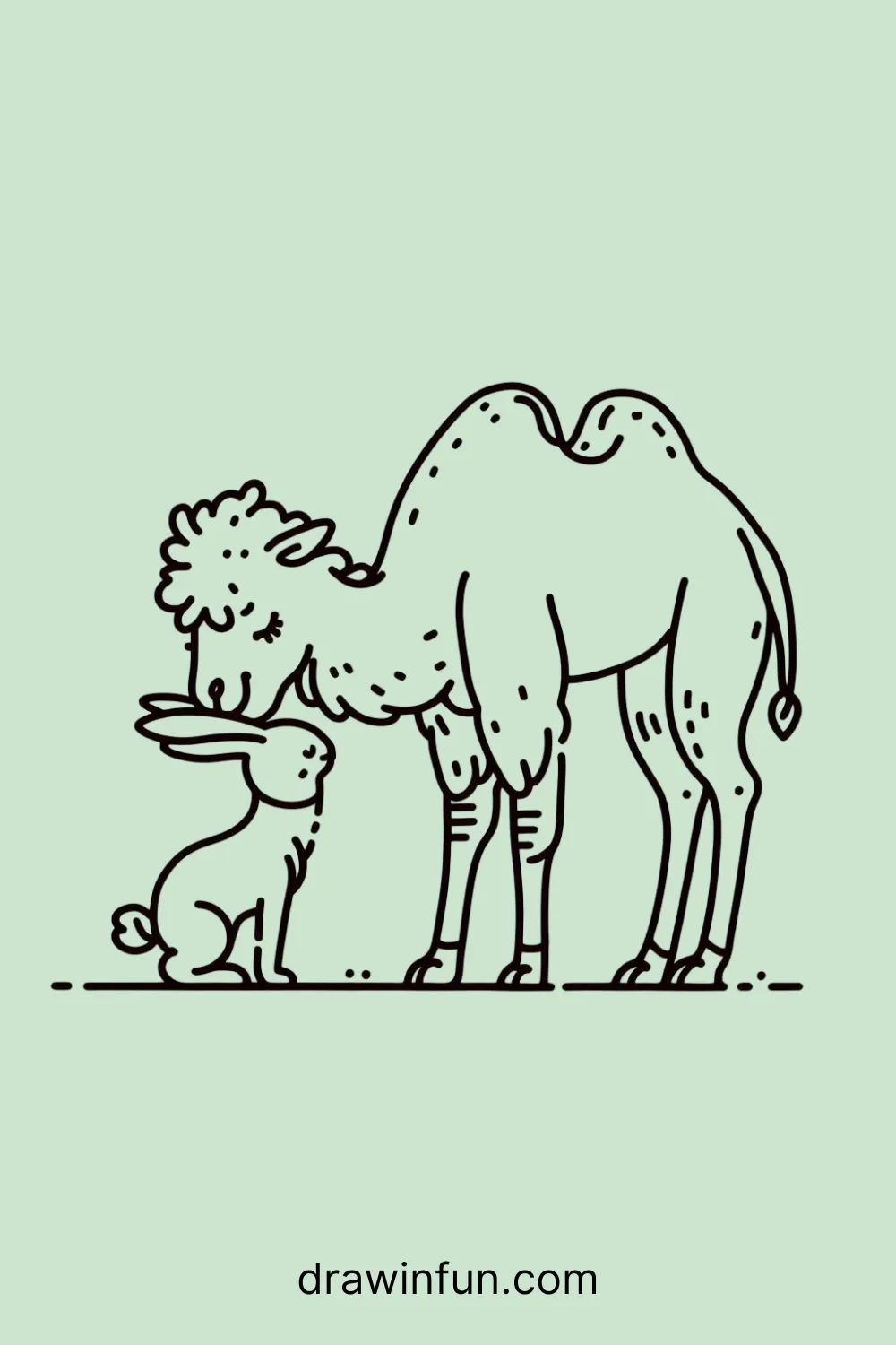 Camel nuzzling a smaller animal, like a rabbit or bird easy drawing