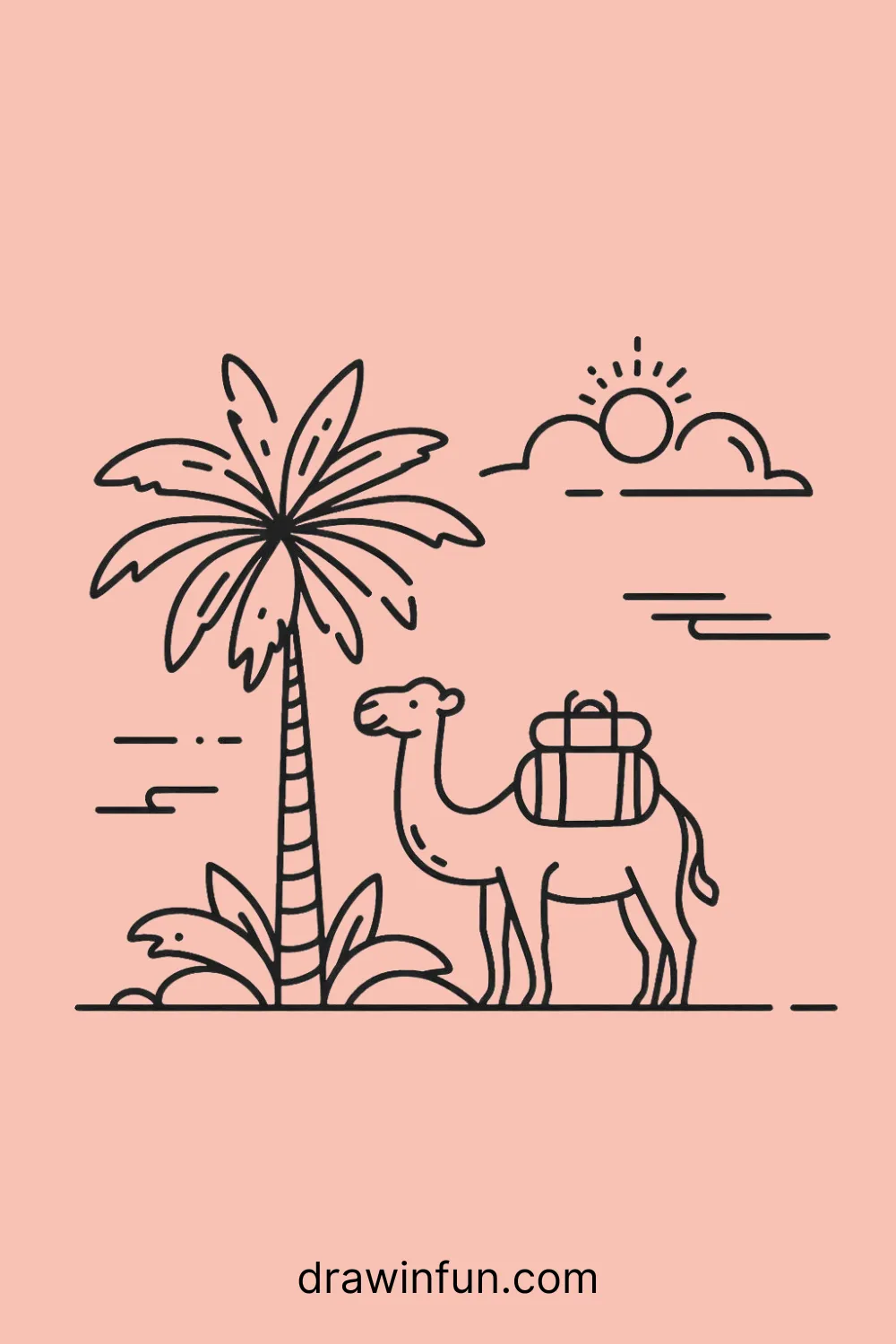 Camel standing next to a palm tree for shade easy drawing