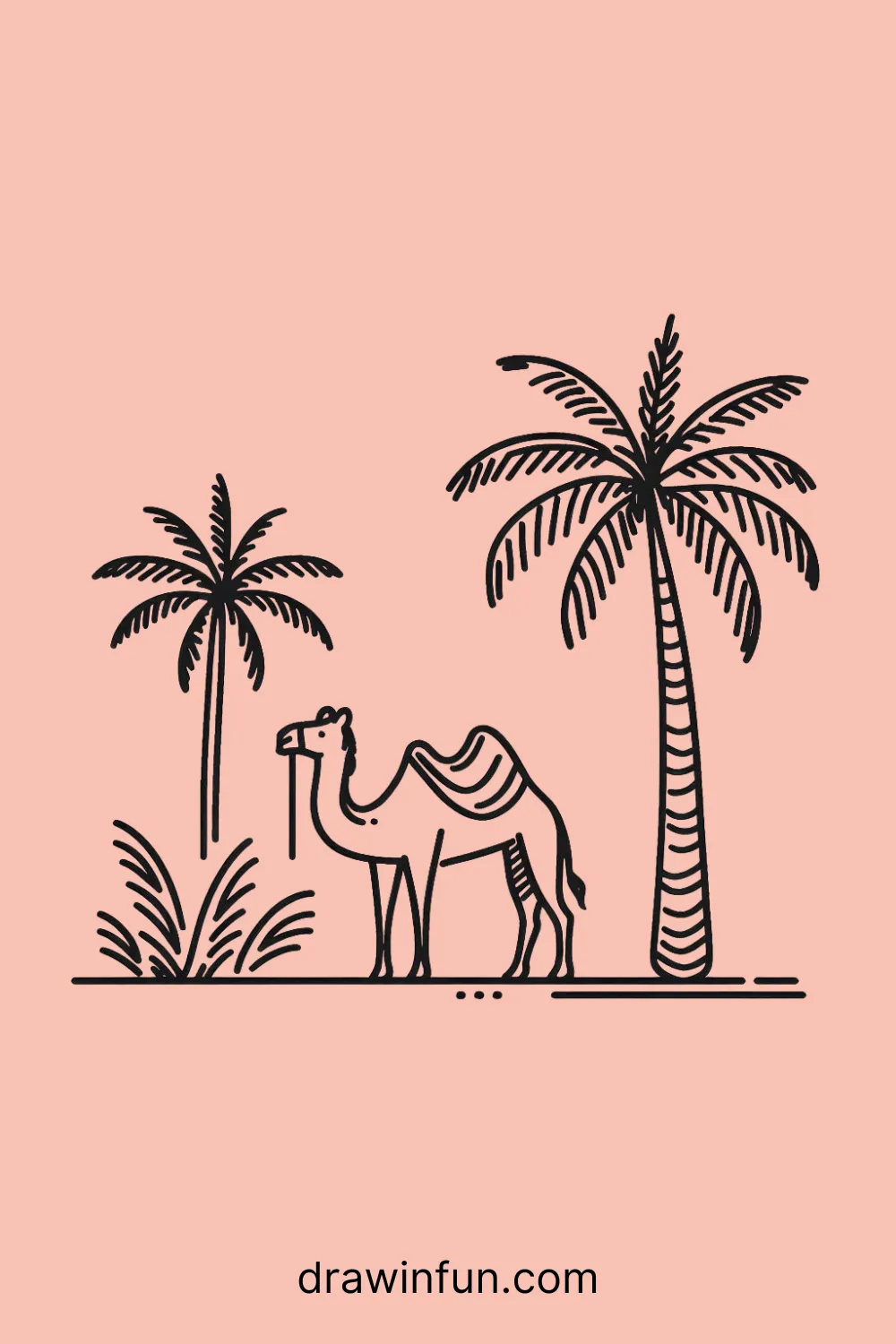 Camel standing next to a palm tree for shade easy drawing