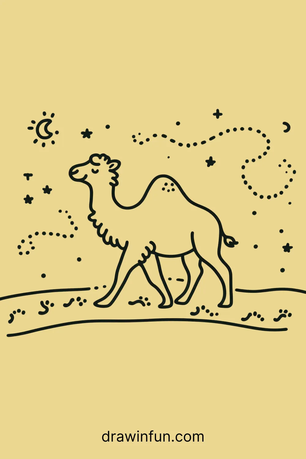 Camel walking with a trail of little footprints behind easy drawing