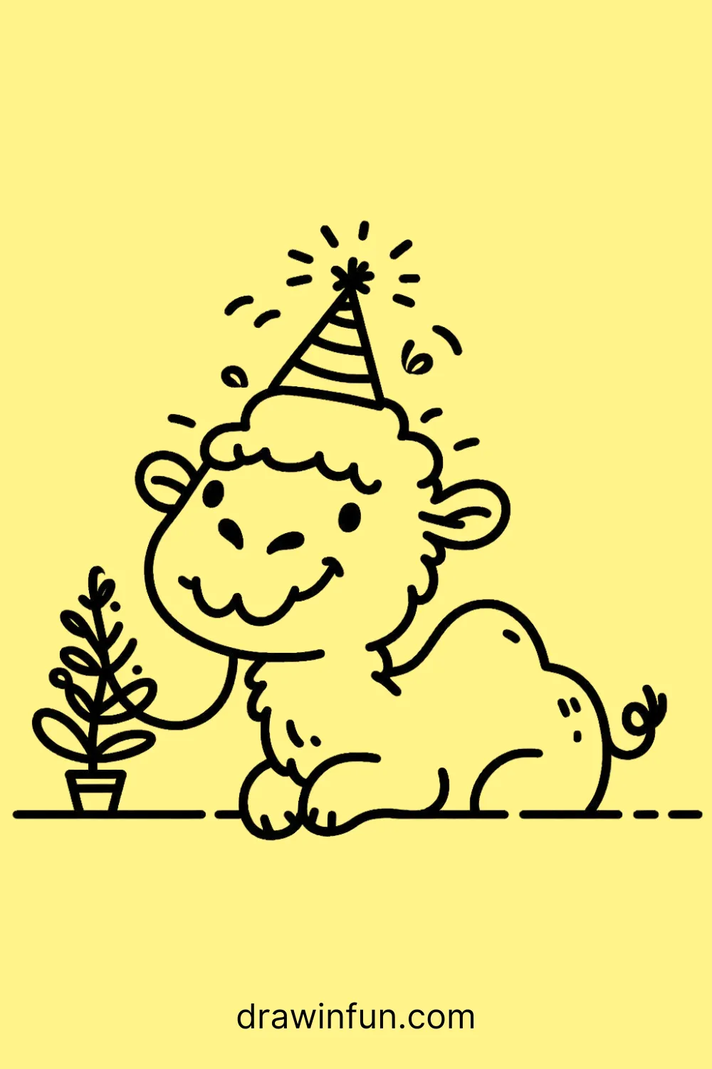 Camel wearing a tiny party hat at a celebration easy drawing