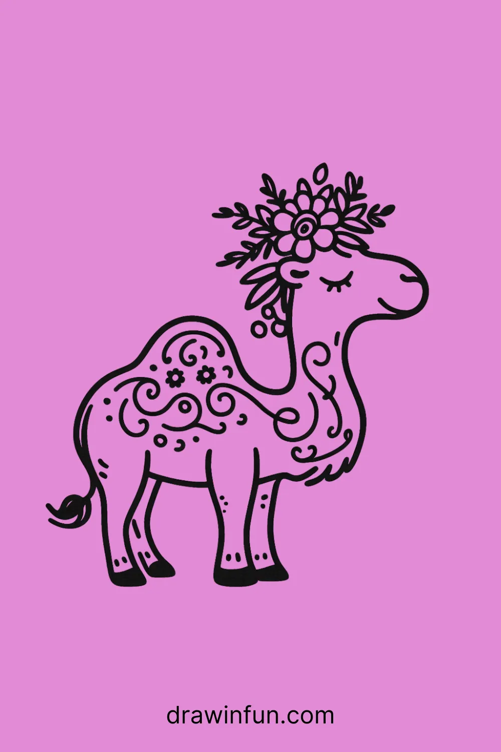 Camel with a flower crown on its head easy drawing