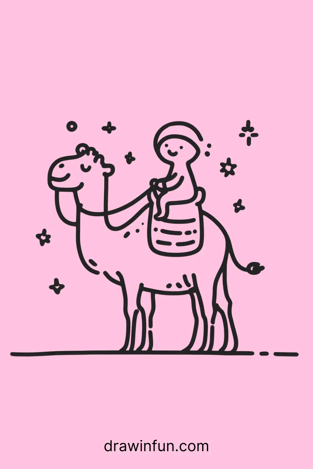 Camel with a little child or cartoon character riding on it easy drawing