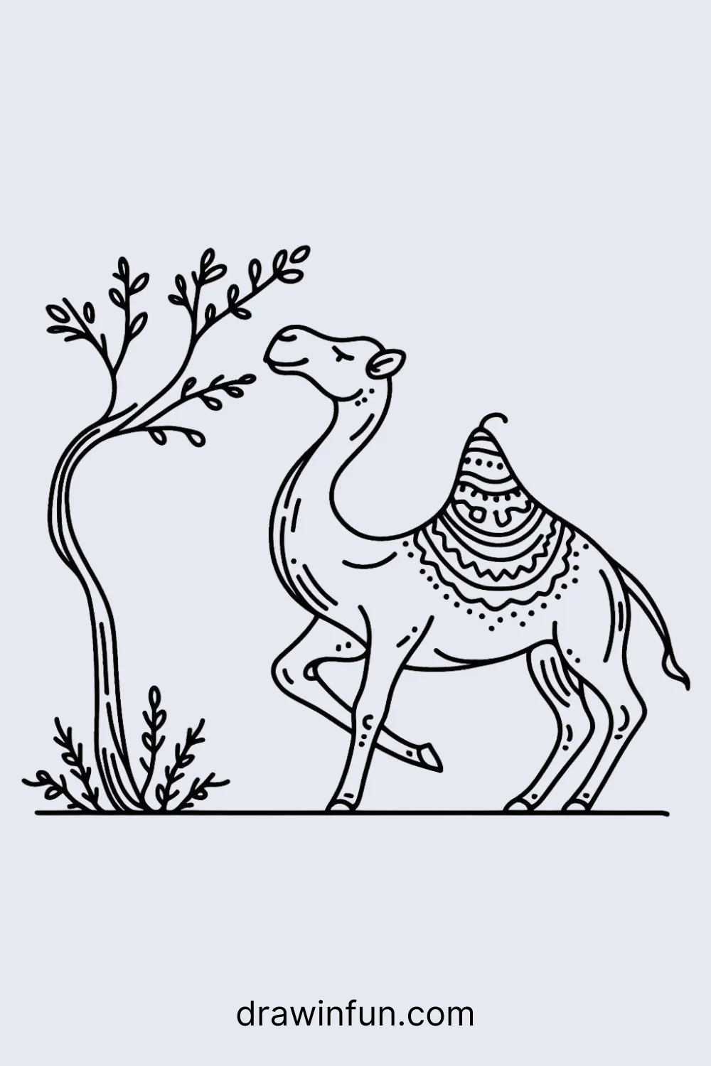 Camel with its neck stretched up to reach a tree branch easy drawing