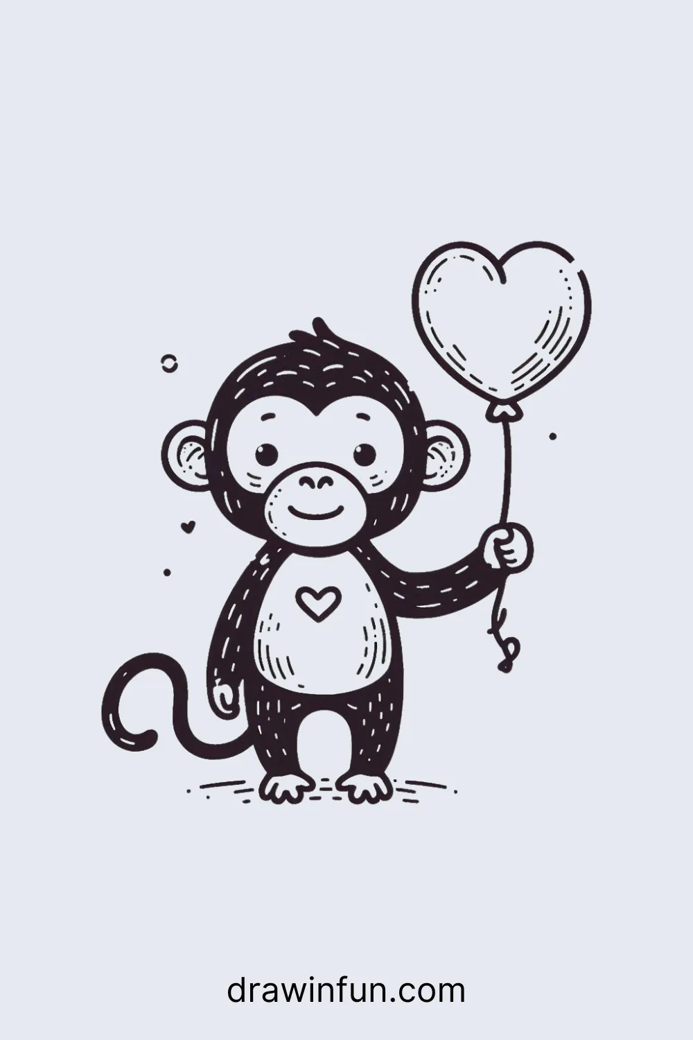 Chimpanzee holding a heart-shaped balloon easy drawing