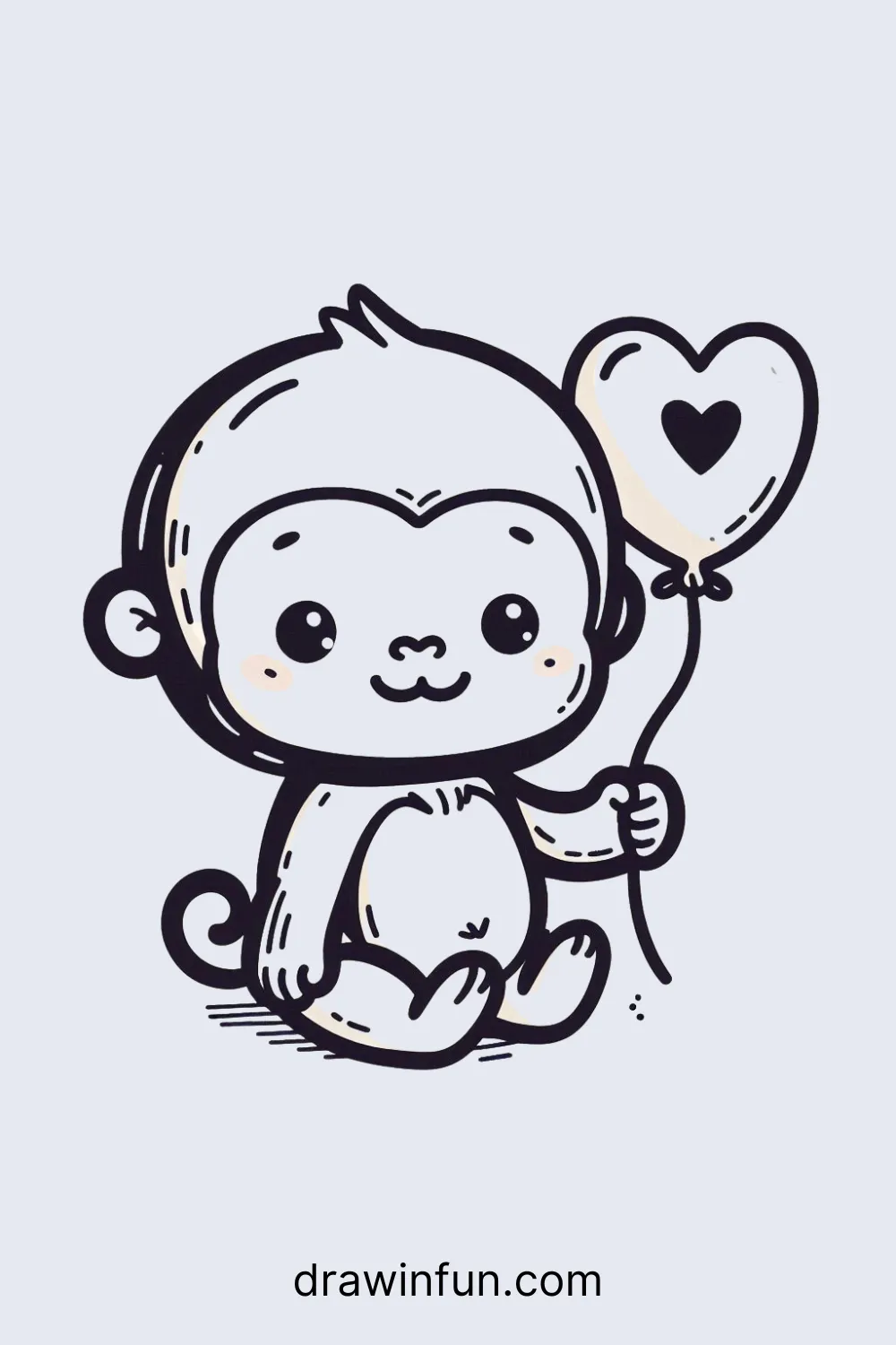 Chimpanzee holding a heart-shaped balloon easy drawing