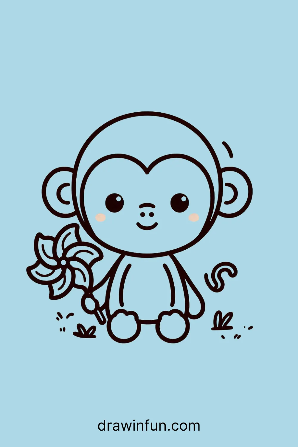 Chimpanzee holding a pinwheel easy drawing