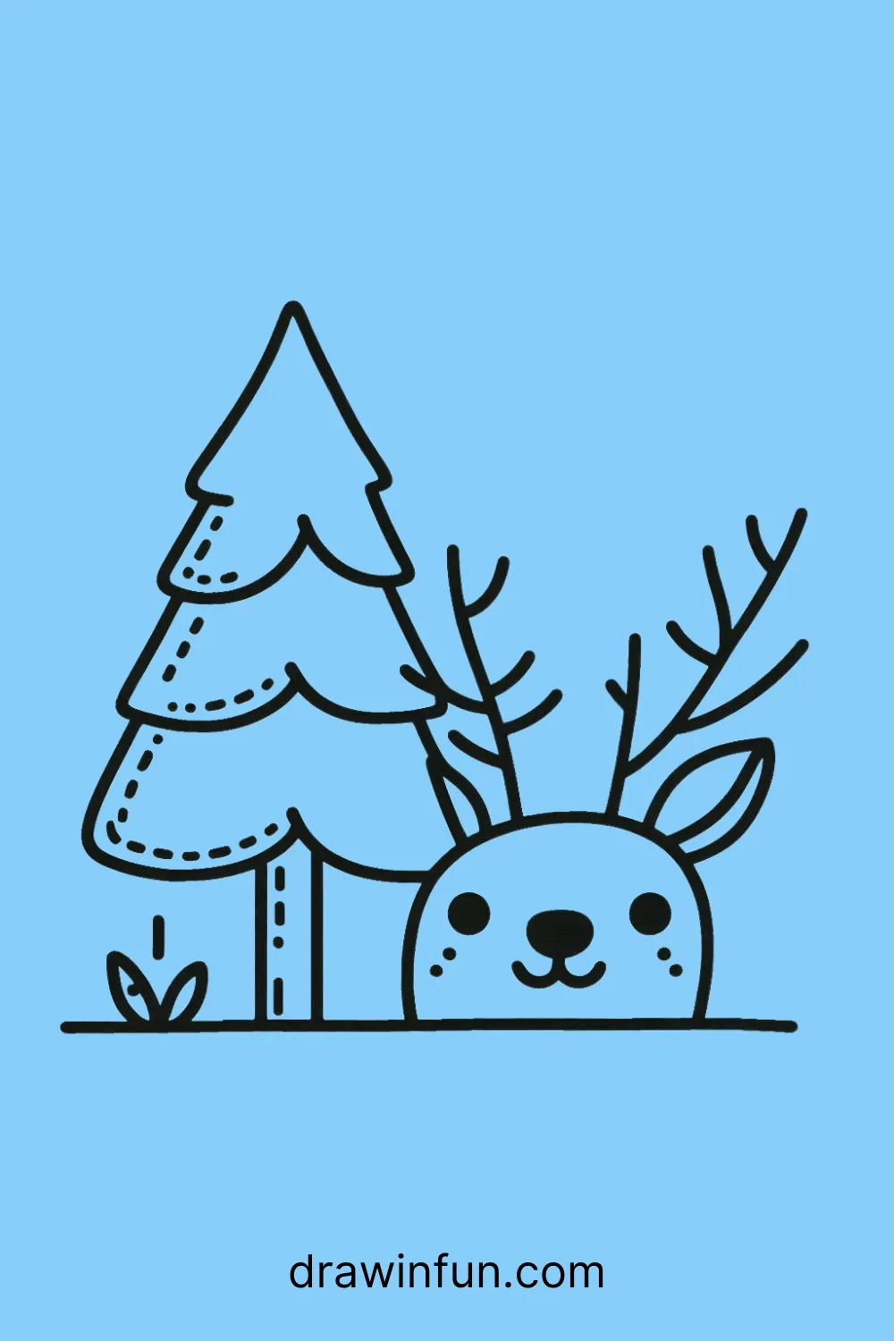 Deer looking surprised while peeking out from behind a tree easy drawing