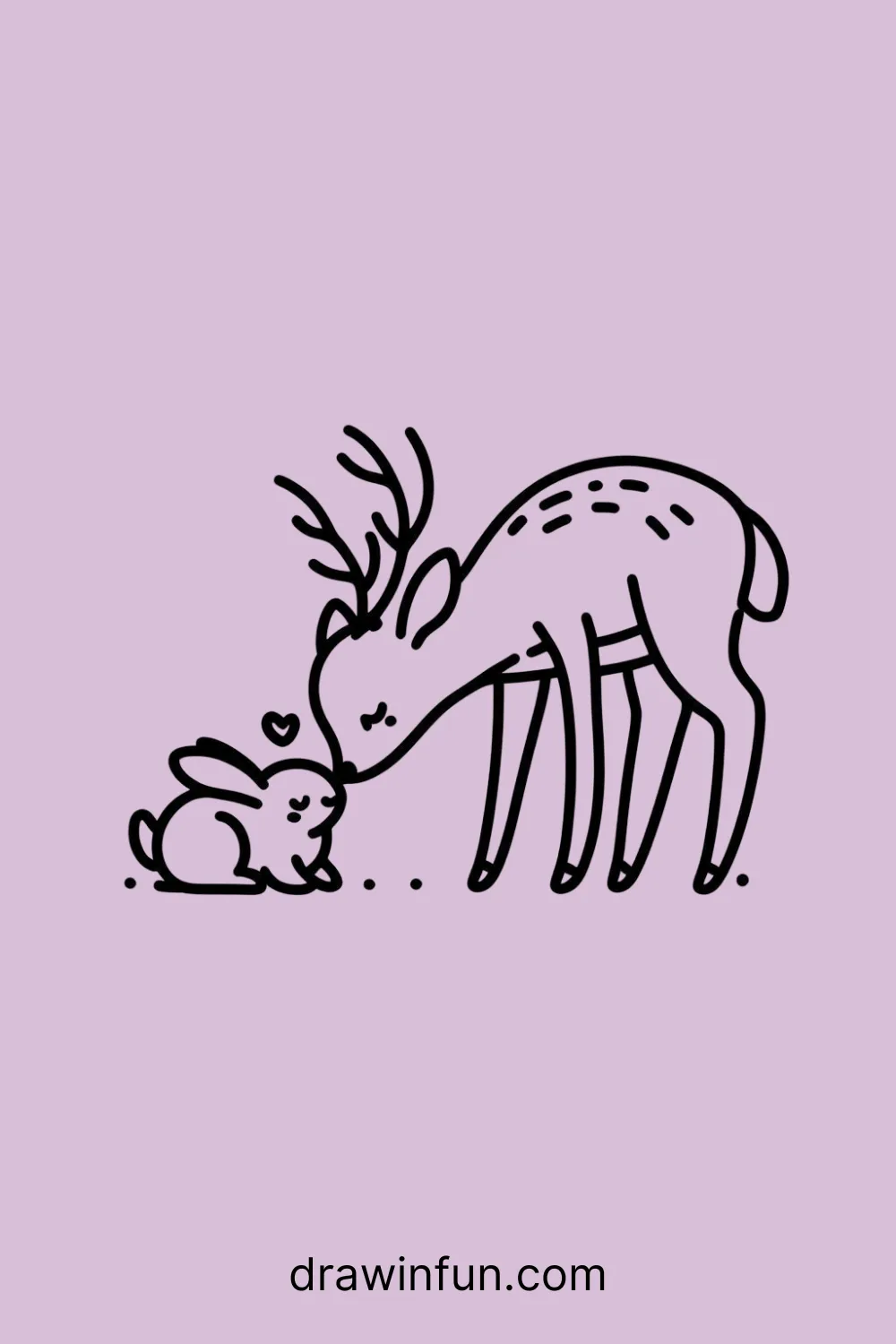 Deer nuzzling a small animal, like a rabbit or squirrel easy drawing