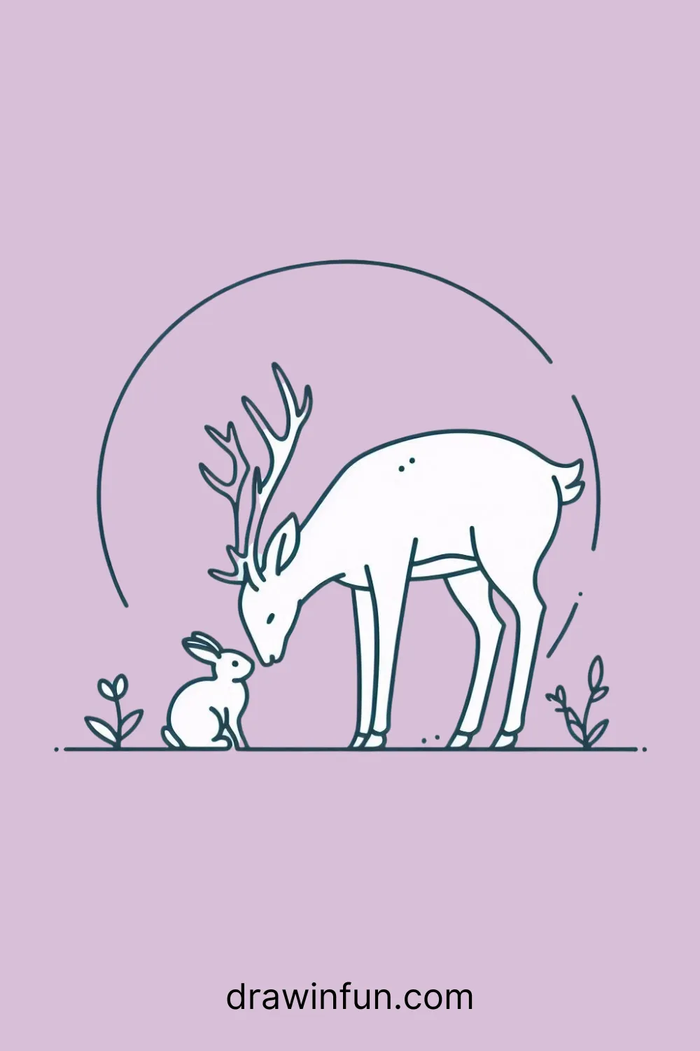 Deer nuzzling a small animal, like a rabbit or squirrel easy drawing