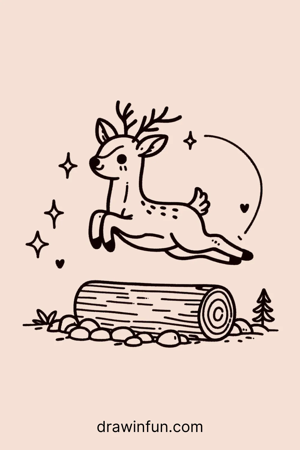 Deer playfully jumping over a small log easy drawing