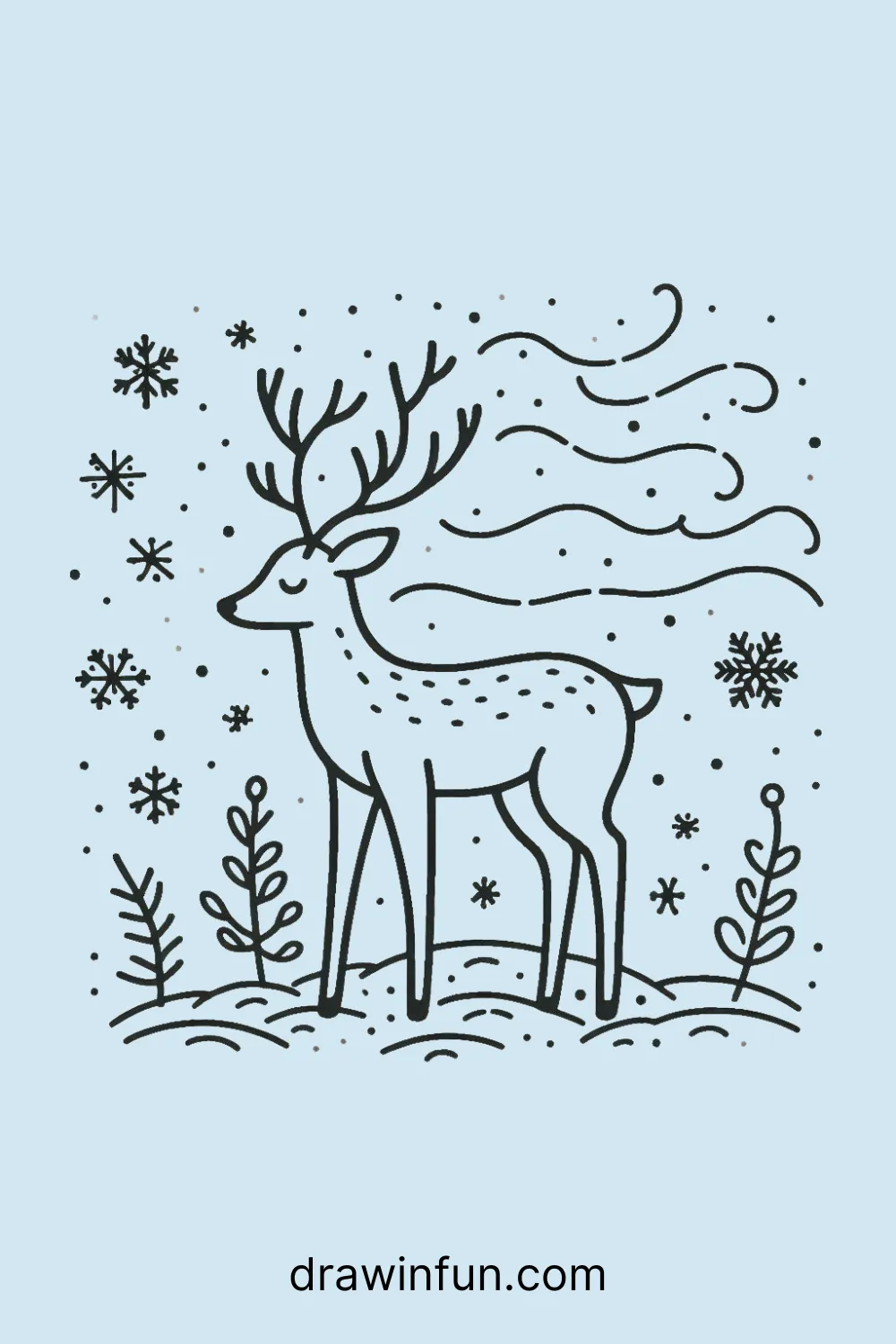 Deer with snowflakes gently falling around it in winter easy drawing