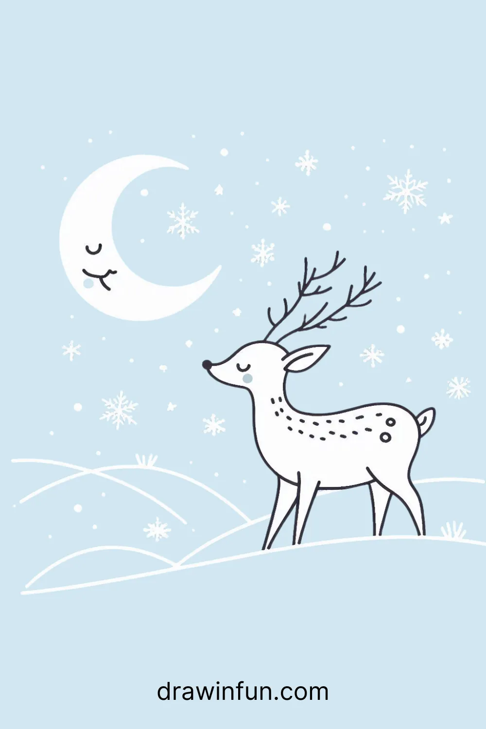 Deer with snowflakes gently falling around it in winter easy drawing