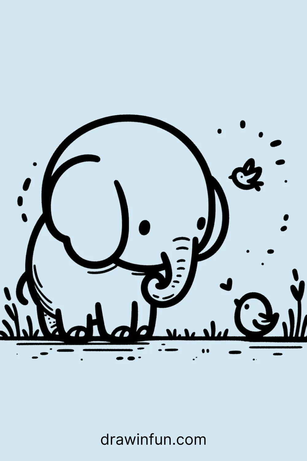 Elephant with a Tiny Bird easy drawing